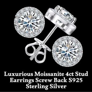 Moissanite 8mm/4CTs EACH Color D VVS1, Sterling Silver, Screw Back Earrings